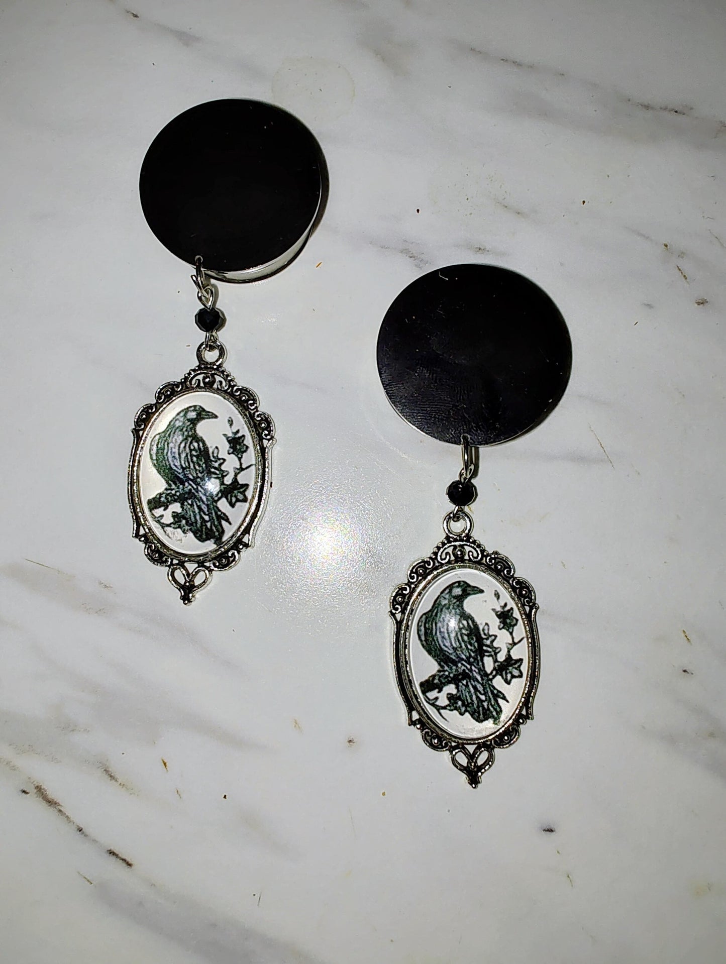 PAIR of Silver Raven Ear Gauges – Gothic Bird Dangle Plugs for Stretched Ears, Fantasy Alt Jewelry, Gothic Dangle Plugs for Stretched Ears