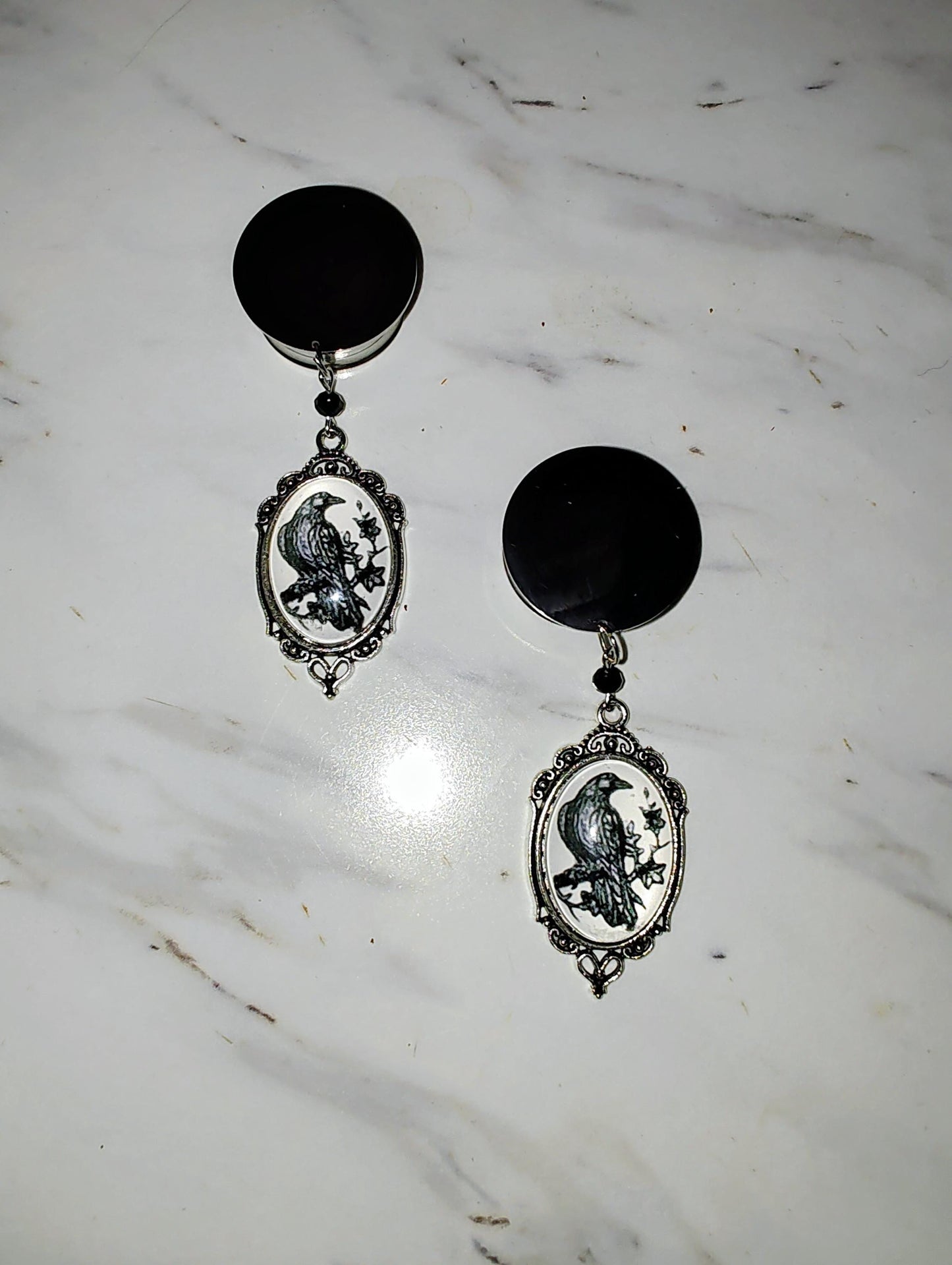 PAIR of Silver Raven Ear Gauges – Gothic Bird Dangle Plugs for Stretched Ears, Fantasy Alt Jewelry, Gothic Dangle Plugs for Stretched Ears
