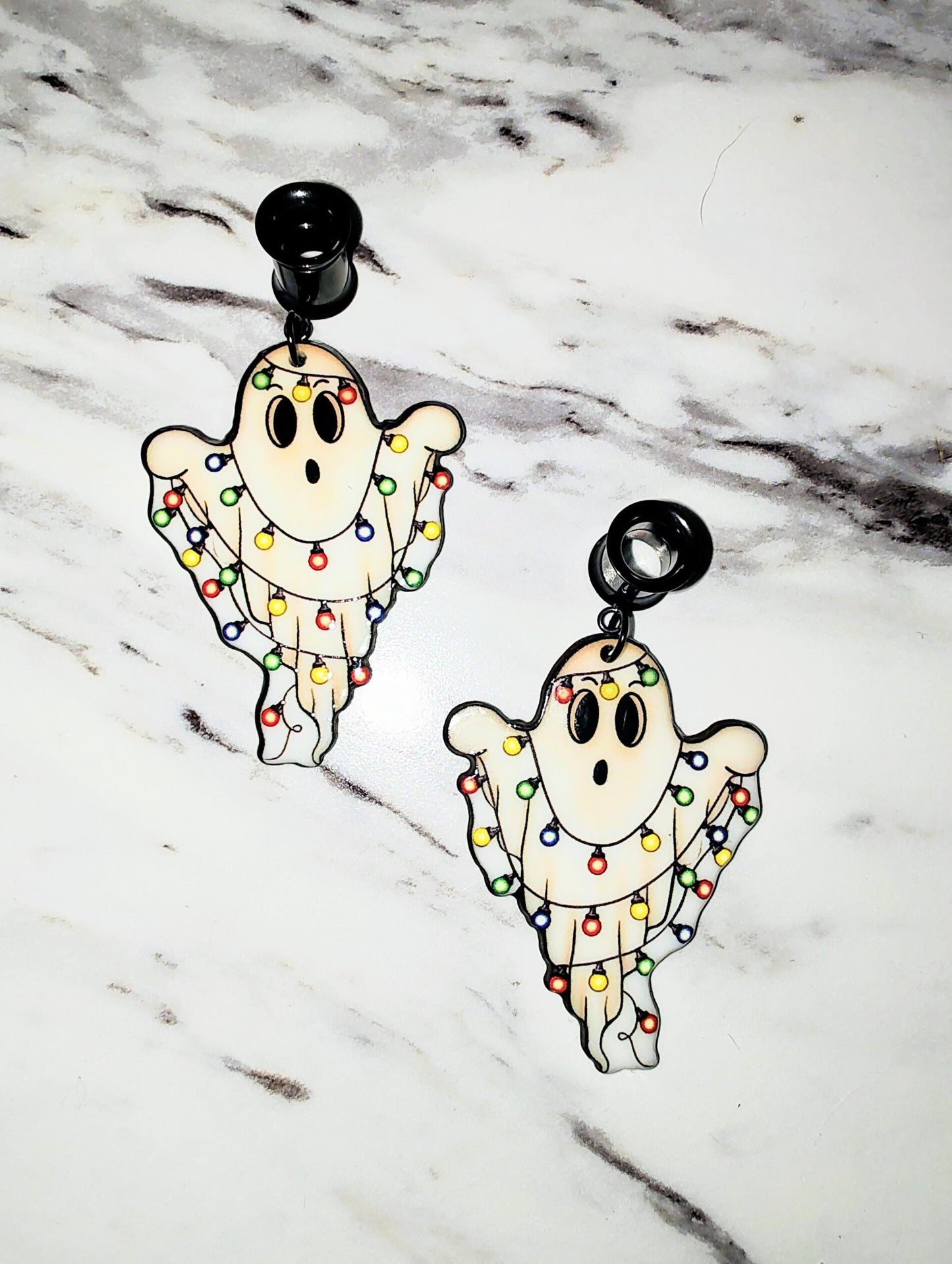 PAIR of Ghost With Christmas Lights Gauge - Screw Back Tunnel Tunnels Ear Plug Plugs Christmas Holiday Spooky Scary Halloween Gauges Alt
