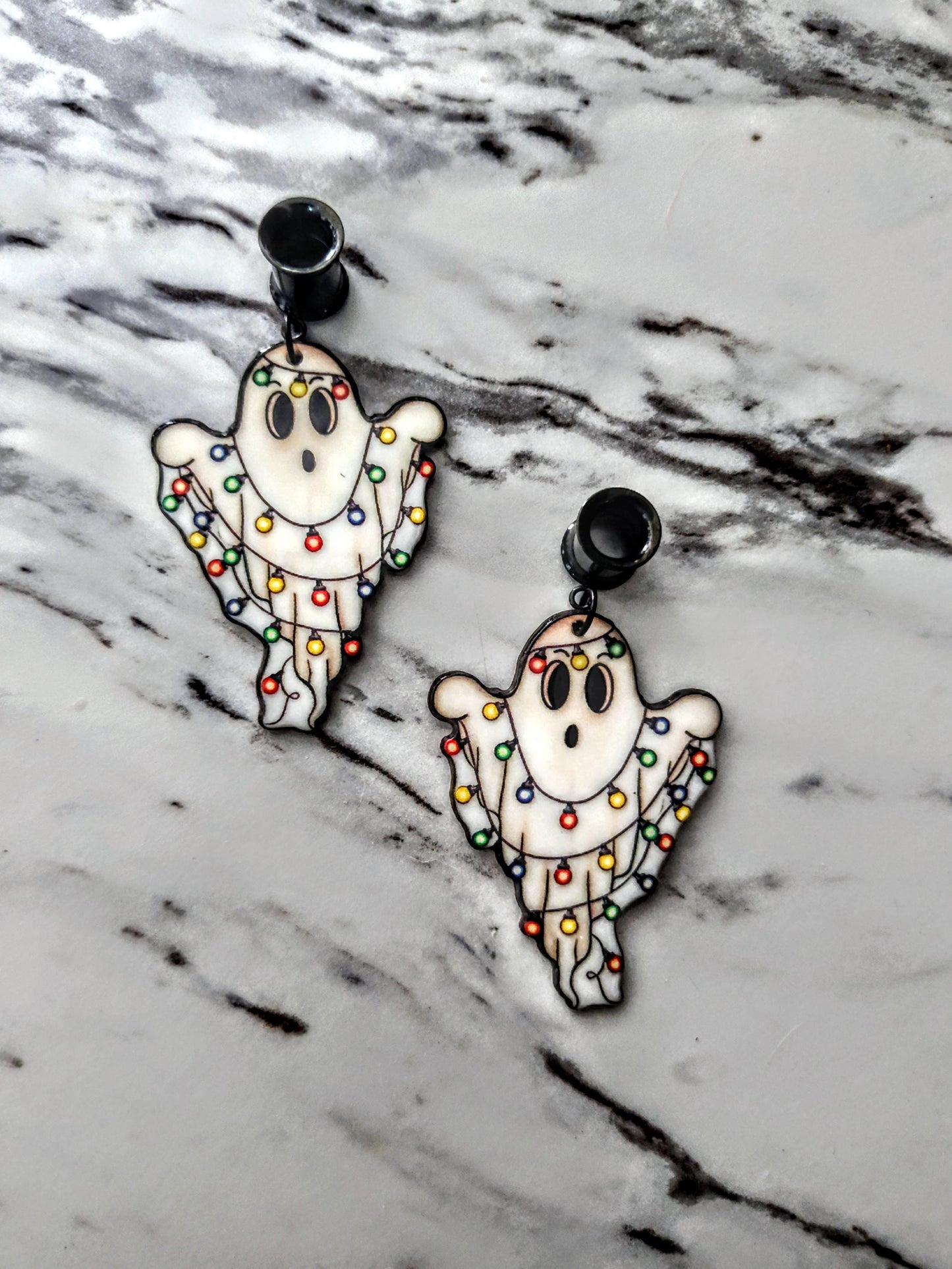 PAIR of Ghost With Christmas Lights Gauge - Screw Back Tunnel Tunnels Ear Plug Plugs Christmas Holiday Spooky Scary Halloween Gauges Alt