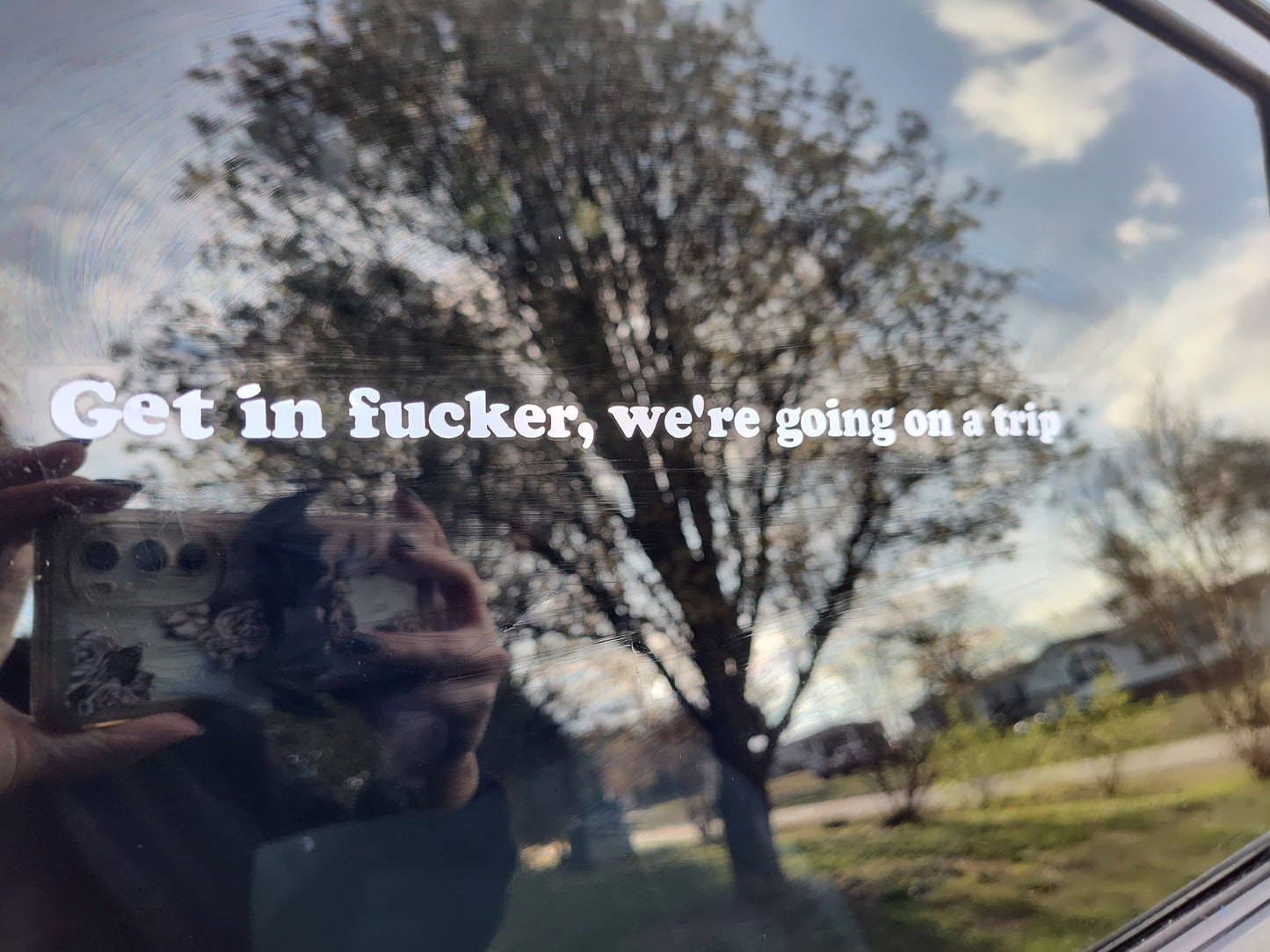 Get In Fucker, We're Going On A Trip Decal - Vinyl Car - Waterproof Sticker for Windows, Bumpers Laptops - Durable Weatherproof Goth Sticker