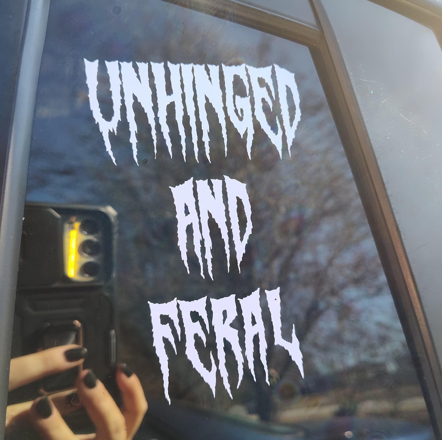 Unhinged And Feral - Vinyl Car - Waterproof Sticker for Windows, Bumpers Laptops - Durable Weatherproof Goth Car Accessories